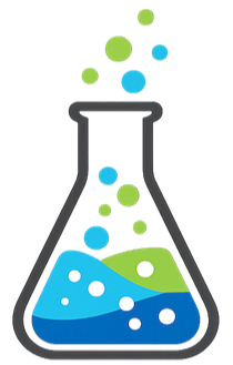 Beaker with green and blue liquid bubbling out of it.
